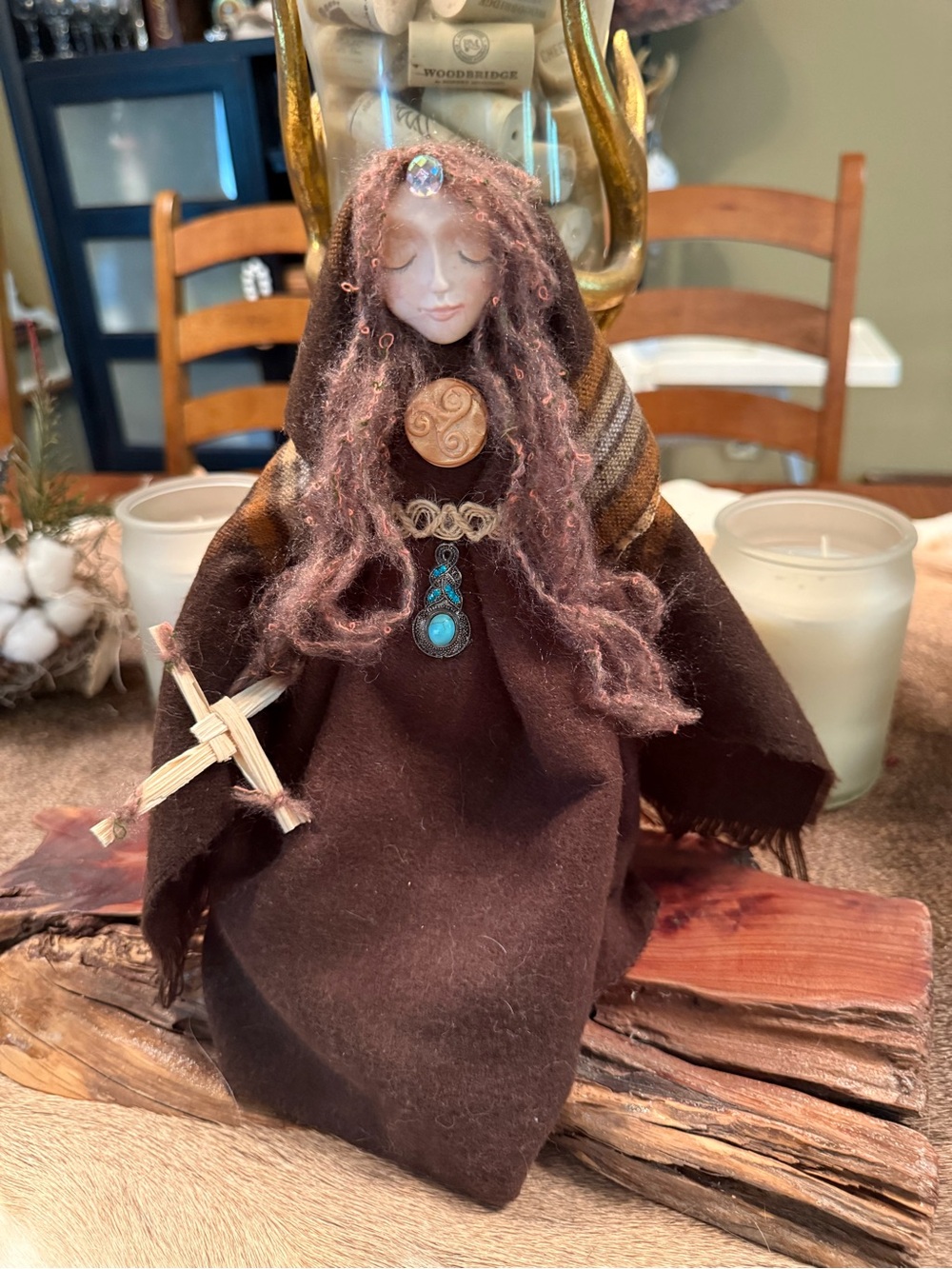 Handcrafted Brown Folk Art Cloth Doll with Turquoise Accent - Home Accents